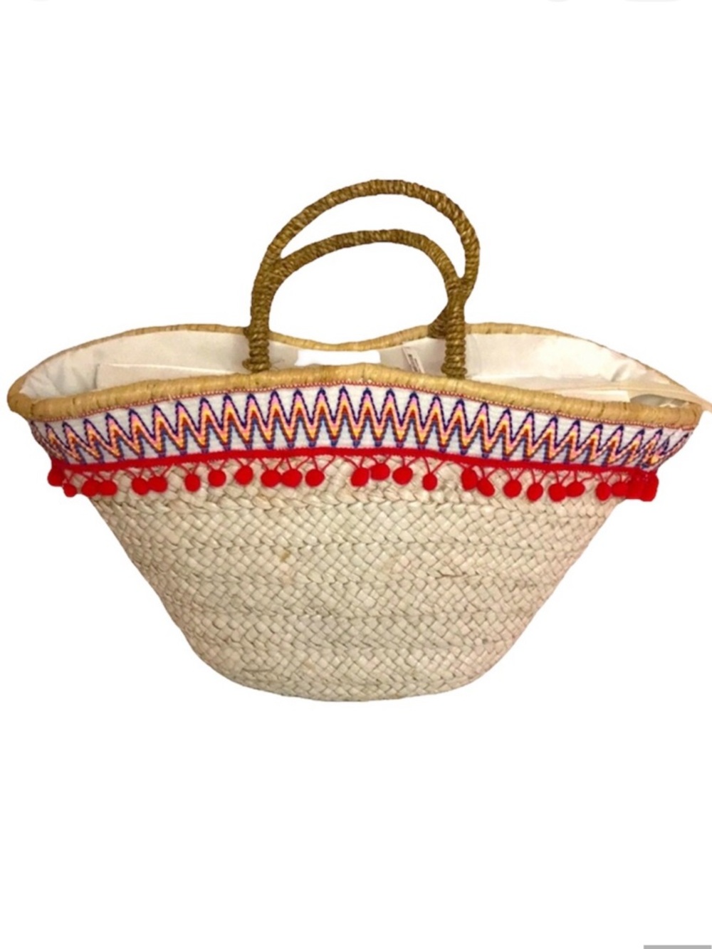 Pia Rossini Kenzi Market Pom Pom Zip Natural Straw Beach Tote Basket Bag Tan NWT